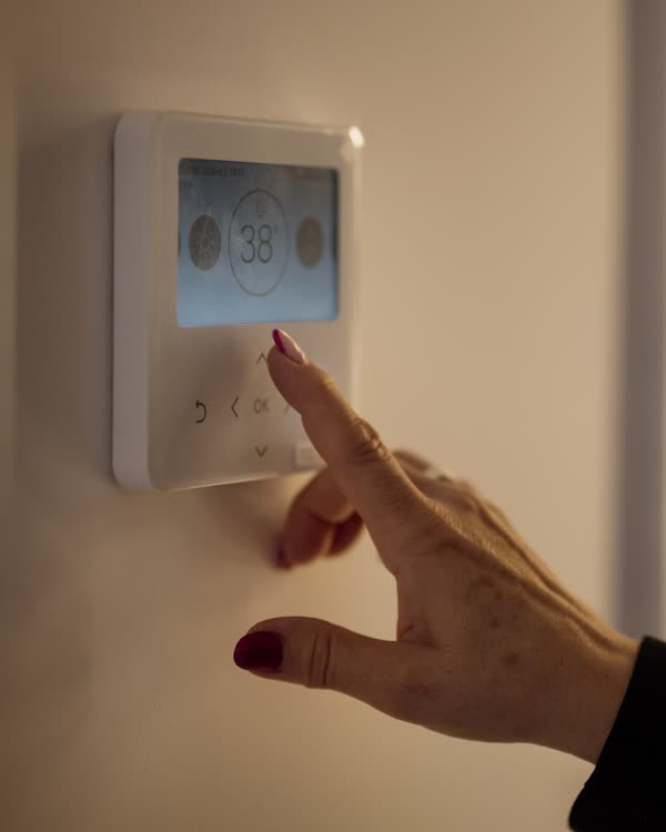 A hand pressing the buttons on a wall thermostat in warm evening light