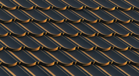 Close view of dark roof tiles in overlapping rows, their edges lit gold by low sun